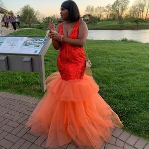 Orange imperial panel, tulle bottom, prom dress